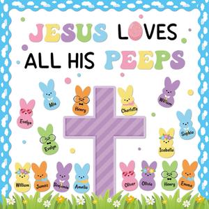 2 x Easter Christian Bulletin Board Set Jesus Loves All His Classroom Decorations Bunny Cross Eggs Religious Bulletin Board Cutouts for Easter Spring Sunday School Church Chalkboard Decor Supplies