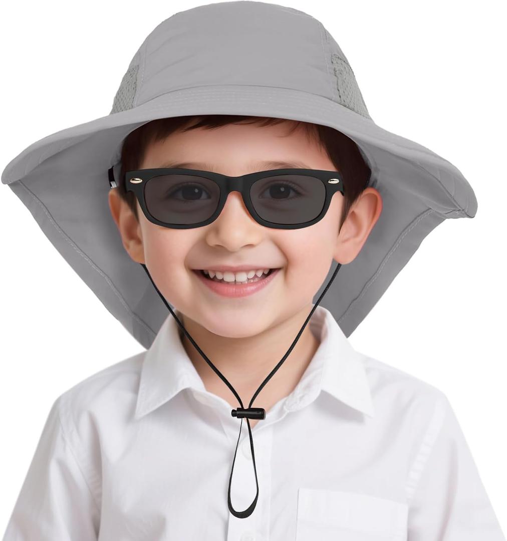 Century Star Baby Sun Hat with Sunglasses for Girls Boys Neck Flap Protection UPF 50+ Beach Hats Kids Wide Brim Outdoor Swim Cap for Toddler A4 Grey 2-6 Years