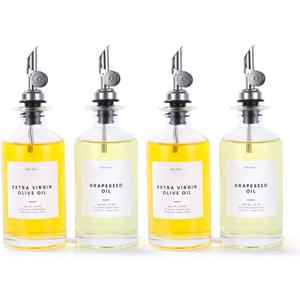 Molimoli Olive Oil Dispenser Bottle for Kitchen, Oil Dispenser w. Weighted Pourer, Glass Bottle Dispenser for Kitchen, Olive Oil Cruet, Glass Olive Oil Bottle | 350ml, Set of 4 (Silver)