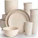 Cream Plastic Plates and Bowls Sets Dishwasher and Microwave Safe Wheat Straw Dinnerware Sets for 8,Reusable Plastic Dishes Set Lightweight Unbreakable for Kitchen Camping Outdoor RV 32 Pcs (Beige)