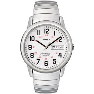 Timex Men's Easy Reader 35mm Day-Date Watch – Silver-Tone Case White Dial with Silver-Tone Expansion Band