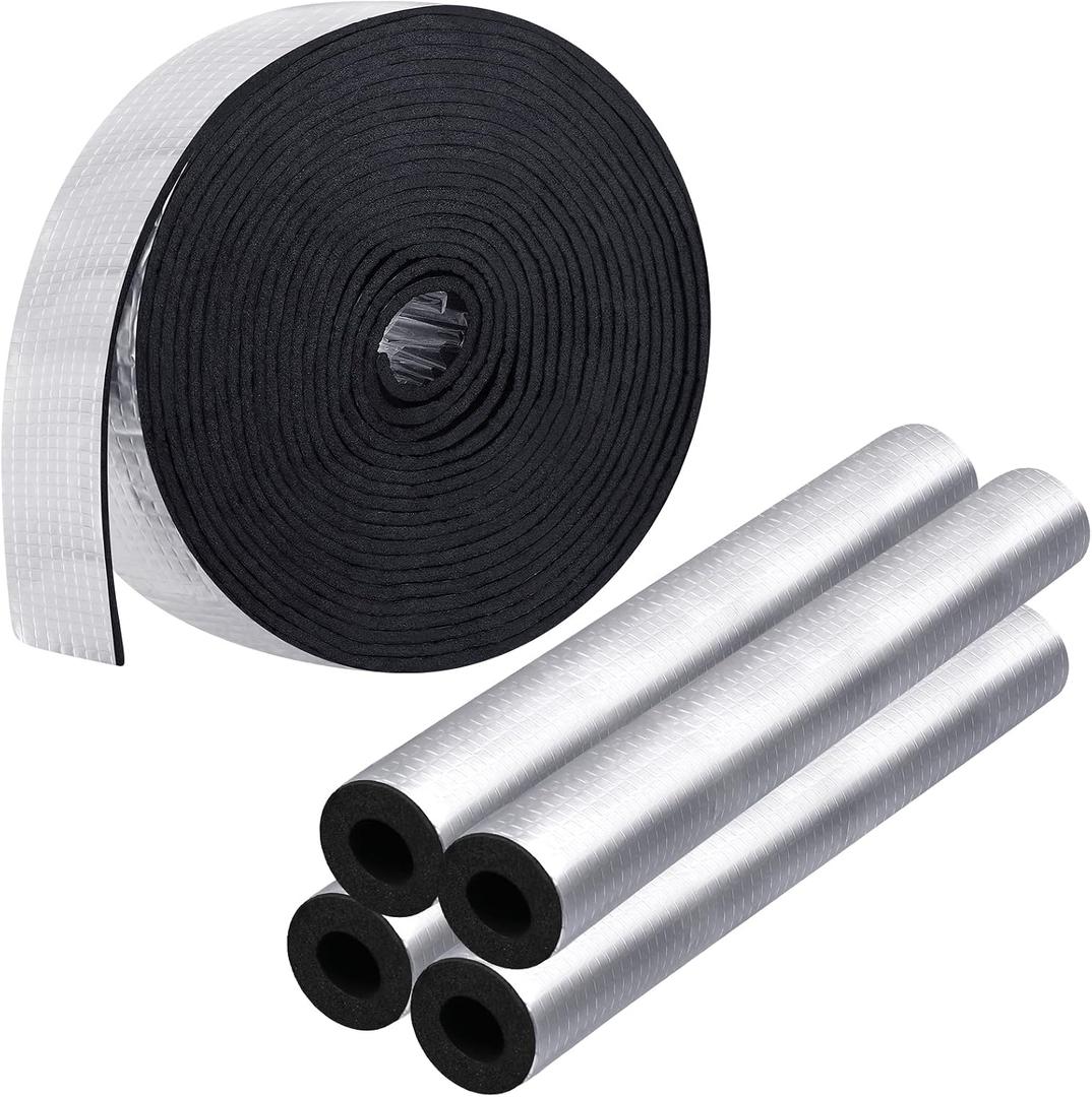 Pipe Insulation Foam Tube Set,1pcs 32.8 Ft X 2" Wide and 4Pcs 1.3 Ft x 0.8 Inch Self Adhesive Insulation Foam Wrap Aluminum Foil Pipe Covers for Spigot, Pipes, Sprinkler Freeze Protection