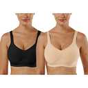 Vertvie Wirefree Bras for Women Seamless Full Cup Sports Bras Plus Size Bralette Adjustable Workout Bra for Everyday Wear(2 Pack-Black+Khaki,M)