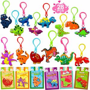 28 Pack Valentines Gifts Card with Dinosaur Keychains, Valentines Day Gifts For Kids Dinosaur Valentines Day Cards Bulk for Kids Boy Girl Classroom School Exchange Prize Party Favors