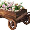 Wooden Wagon Garden Planter Cart with Wheels Rustic Flower Pot Indoor Outdoor Patio Backyard Balcony Decor for Succulents, Flowers and PlantsCarbonized-L, Large-Carbonized