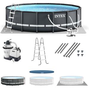 Intex Ultra XTR Frame 14' x 42" Round Above Ground Outdoor Swimming Pool Set with Sand Filter Pump, Ladder, Ground Cloth, and Pool Cover
