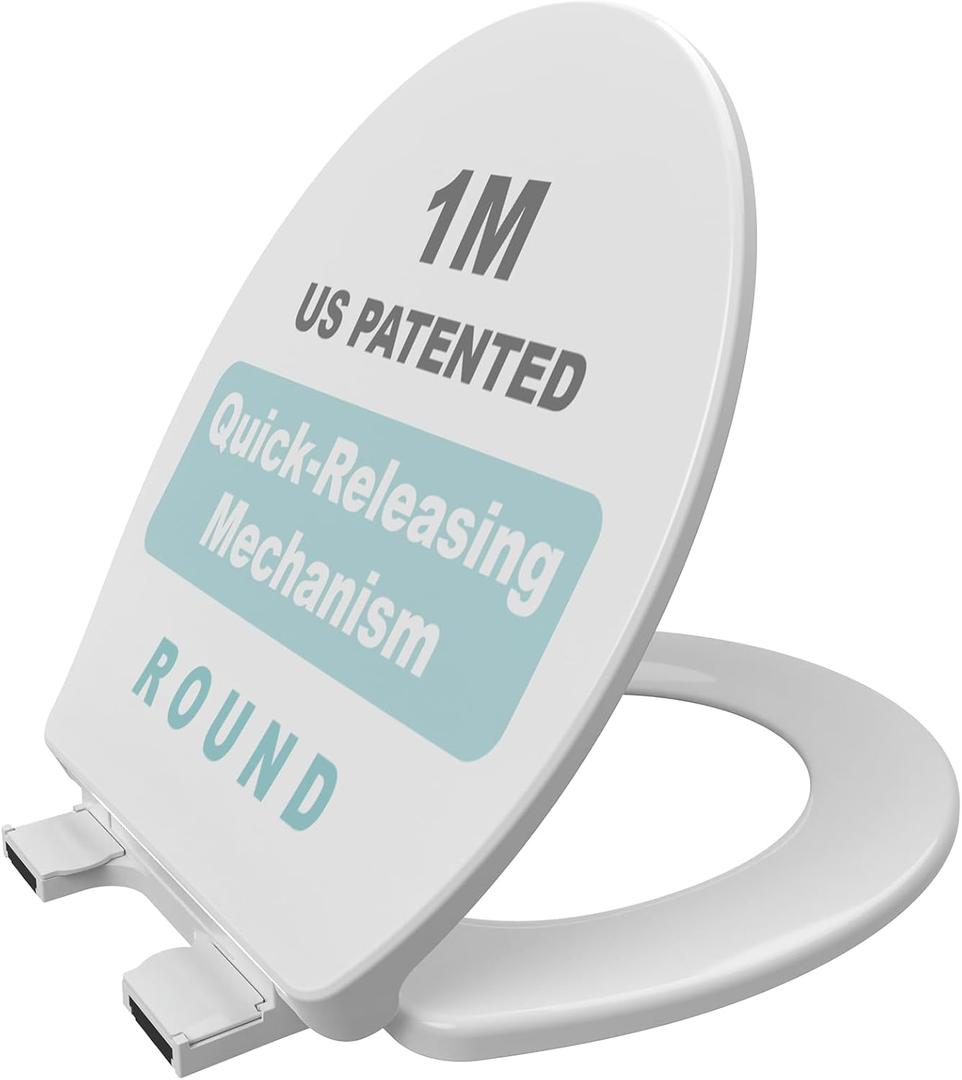 1M Soft Close Toilet Seat Round, Patented Quick Releasing for Easy Cleaning, Anti-Wiggling Design, Easy Installation
