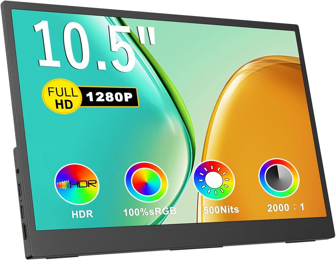 IBW Small Portable Monitor 10.5" 500 Nits 2000:1 FHD 1280P IPS Screen, Ultra-Slim Mini Monitor w/Kickstand & Dual Speaker, USB C HDMI HDR Portable Gaming Monitor, Travel Monitors for Laptop PCs
