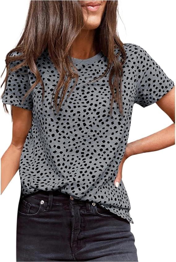 Womens Casual Polka Dot Tops Crewneck Short Sleeve T Shirts Fashion 2025 Spring Summer Loose Fit Shirts Tees M