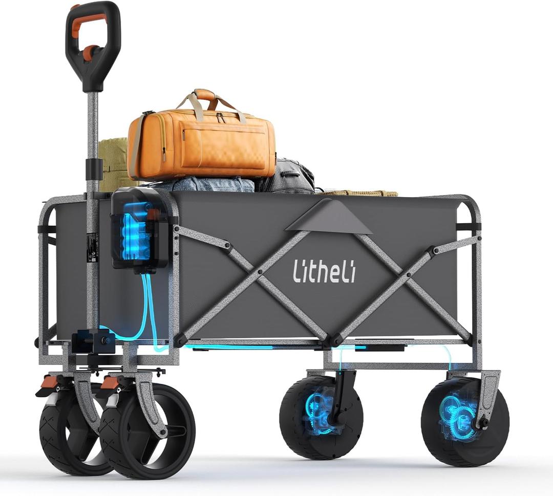 Litheli Electric Collapsible Wagon Cart with Brakes, 100L Grocery Cart with Wheels,Easy to Carry Folding Wagon for Camping, Gardening, Shopping (Grey&1 Battery)