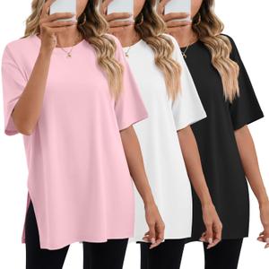 Huukeay 2 Pack Women's Oversized Gym T Shirts Cotton Short Sleeve Side Split Crewneck Tops Casual Workout Baggy Basic Tee (X-Large, Black, White, Pink)