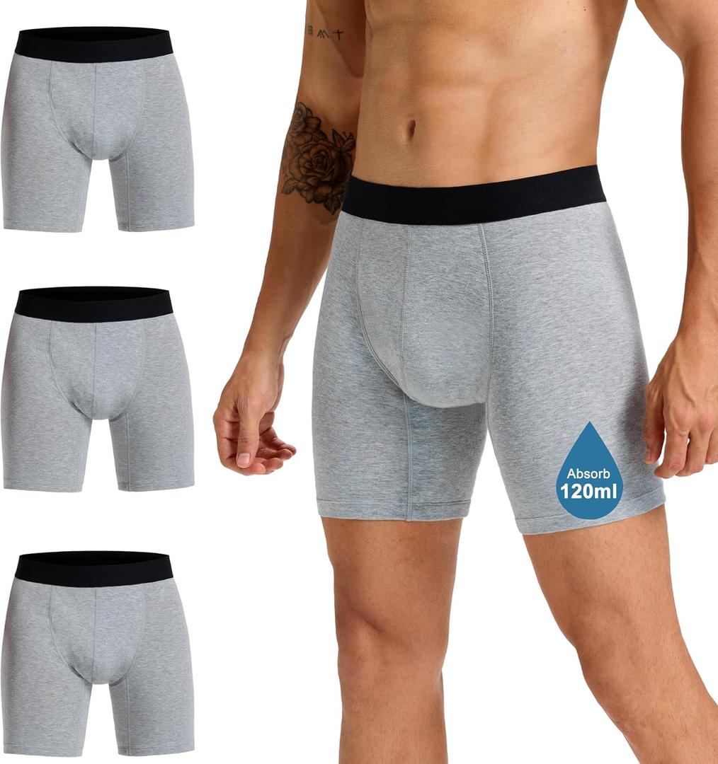 Mens 120ml Absorbent Incontinence Underwear Washable, Reusable Leak Proof Briefs for Adults, 3 Pack Protective & Anti-Odor Boxers, Grey, XL