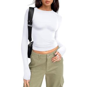 Trendy Queen Womens Long Sleeve Shirts Basic Tees Crop Tops Going Out Spring 2025 Workout Outfits Y2k Clothes (Medium, White)