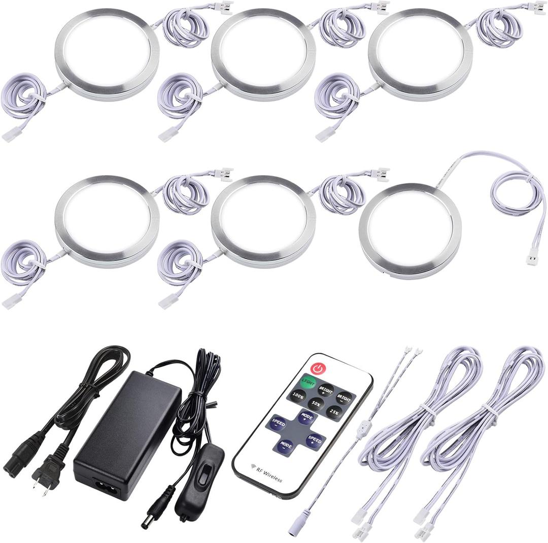 Under Cabinet Puck Lighting Kit, Atmosphere Ambiance Lighting, Dimmable Wireless RF LED Remote Control, Daisy Chain Linable, AC120V to DC12V, Hardwired or Wall Plug, 6 Lights, Daylight