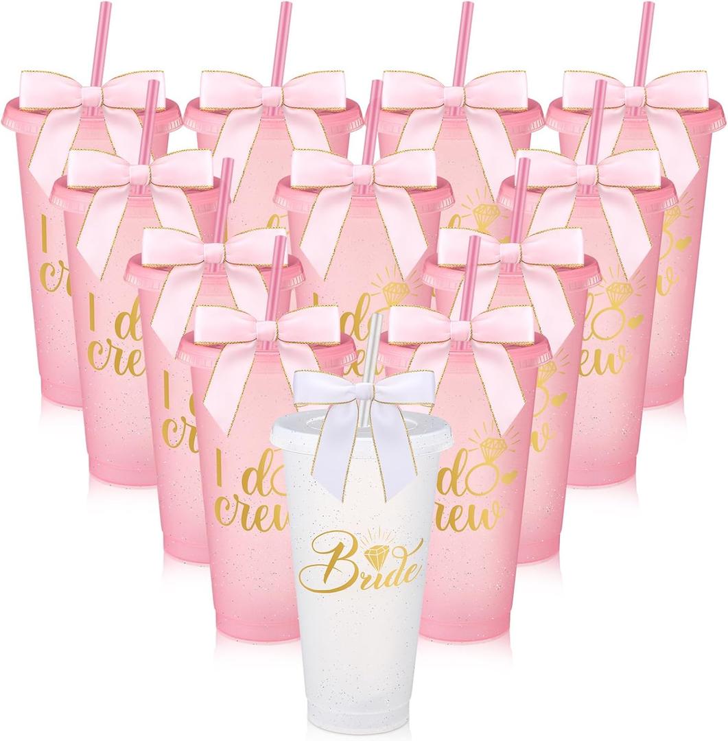 12 Pcs Bridesmaid Plastic Tumbler with Straw Lid and Twist Bow 24 oz I Do Crew and Bride Reusable Tumbler Bridal Party Proposal Gifts Bachelorette Party Gifts for Wedding Bridal Bridesmaid (Pink)