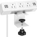 3 AC Outlet Desk Clamp Power Strip White, Desk Mount USB Charging Power Station, Removable Desktop Edge Power Center Plugs Output 125V/ 60HZ/ 12A/ 1500W, USB 5V/ 4A 6.56FT Cable