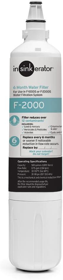 INSINKERATOR F-2000 Under Sink Water Filter Replacement Cartridge for Water Filtration System, VOCs and Lead Filter, 1 Count (White)