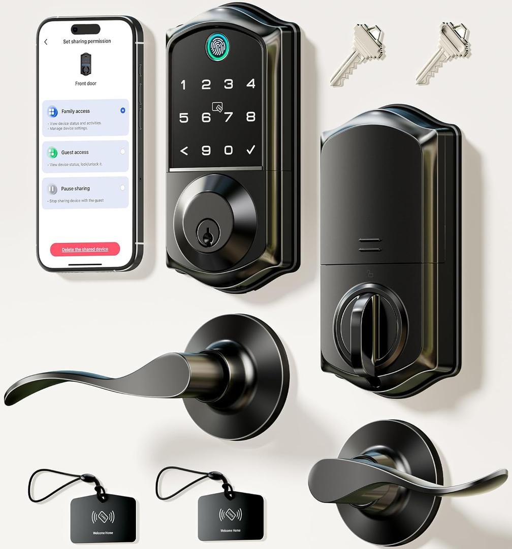 Veise VE017-L Fingerprint Smart Lock with 2 Lever Handles, Keyless Entry Front Door Lock Set, App Control, Electronic Digital Keypad Deadbolt, Easy Installation, Emergency Power Port, Matte Black