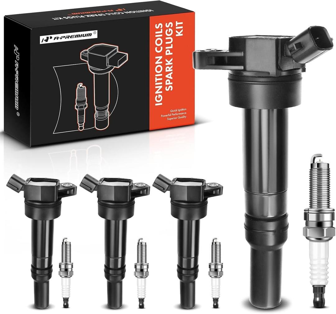 A-Premium Set of 4 Ignition Coil Pack (2-pin) and Iridium Spark Plugs Compatible with Hyundai Elantra 2012-2016 1.8L 4 Cyl, Tucson 2014-2020 2.0L 4 Cyl & Kia Soul 2012-2019 2.0L 4 Cyl