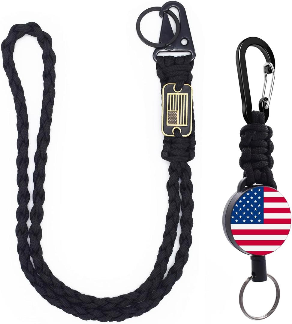 2 Pcs Retractable Keychain, Heavy Duty Badge Holder Reel Braided Paracord Lanyard with USA Flag, Retractable ID Badge Clip Reel & Parachute Rope Necklace Keychains for Work or Traveling