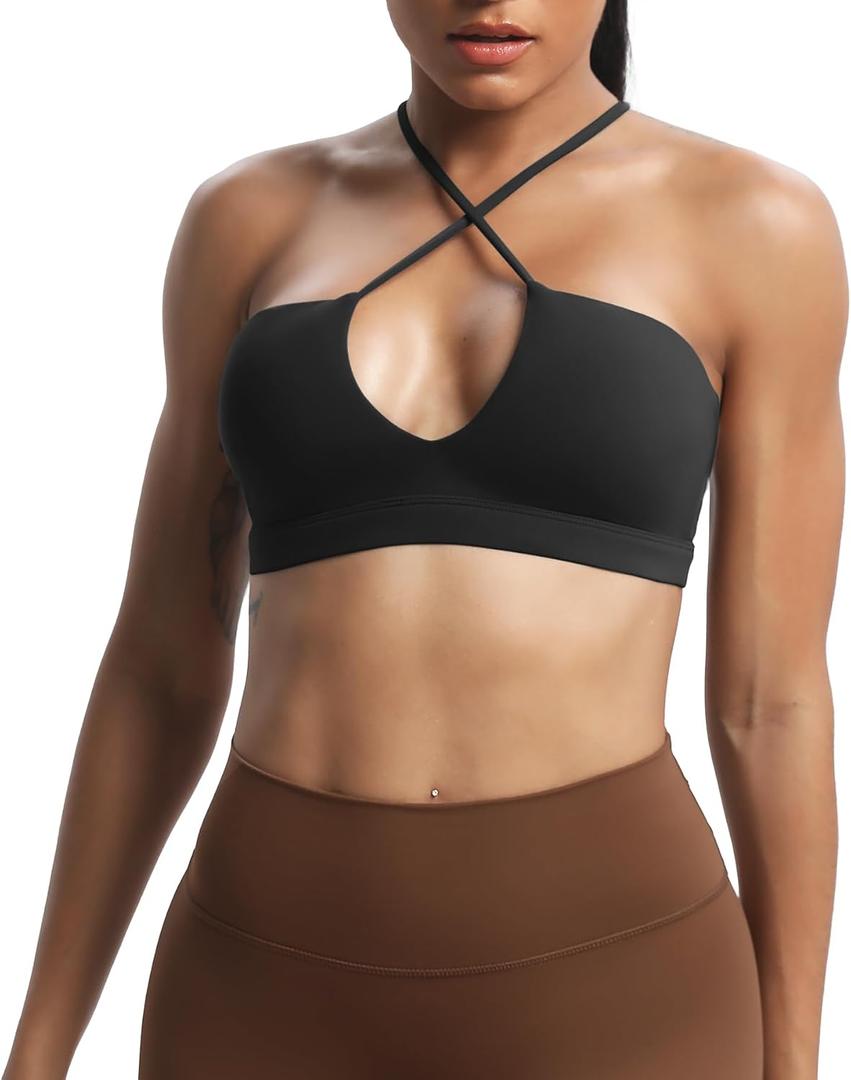Aoxjox Women's Workout Sports Bras Jamie Deep V Fitness Training Gym Bra Yoga Crop Tank (Black, M)