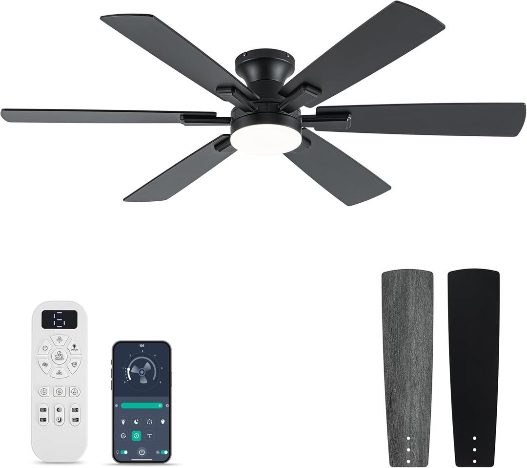 Ceiling Fans with Lights and Remote Control, Black Low Profile Ceiling Fan with Light 3-Color LED Dimmable, Memory for Lighting, Fan Reversible and Fan Gear, 6-Speed, Timer, Indoor/Outdoor Use (52 inch)
