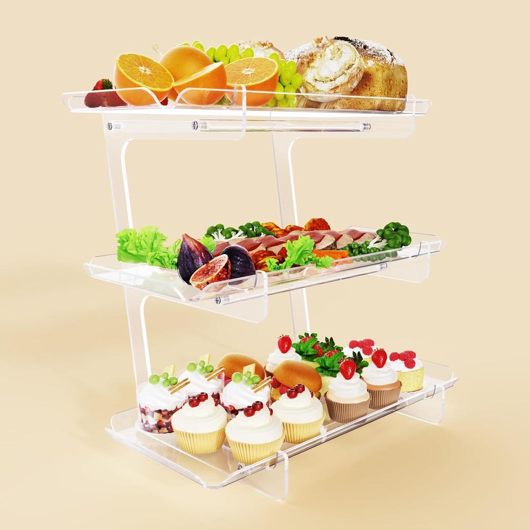 3 Tier Acrylic Serving Tray, 15.3" x 7.1" Dessert Table Display Set Stand for Party, Desserts, Fruits, Cookies  Reusable Collapsible Tiered Platters for Cupcakes, Veggies, and Sweet Treats