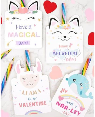 Valentines Day Cards for Kids - Set of 24 Rainbow Pencils Unicorn Valentines - Class Party Favors Valentine day cards Exchange Bulk for Girls Boys School Classroom Supplies