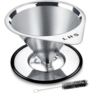 LHS Pour Over Coffee Dripper Stainless Steel Coffee Filter Metal Cone Filter Paperless Reusable Coffee Filter Single Cup Coffee Maker 1-2 Cup With Non-slip Cup Stand and Cleaning Brush (single mesh 1-2 cups Silver)