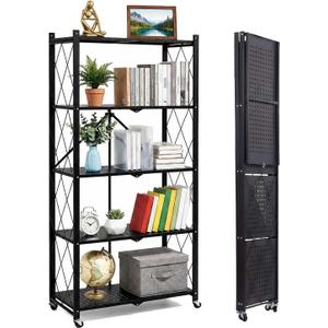 5-Tier Folding Storage Shelf with Wheels, Heavy-Duty Metal Shelving Unit, No Assembly Foldable Bookshelf, Rolling Storage Rack for Garage, Kitchen, Pantry, Closet, Office, Laundry Room, Black