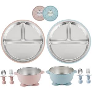 PandaEar 8PCS Baby Feeding Set | Stainless Steel Suction Plates and Bowls with Silicone Fork and Spoon Utensils | Baby Led Weaning Tableware for Toddlers & Kids (Pink & Blue)
