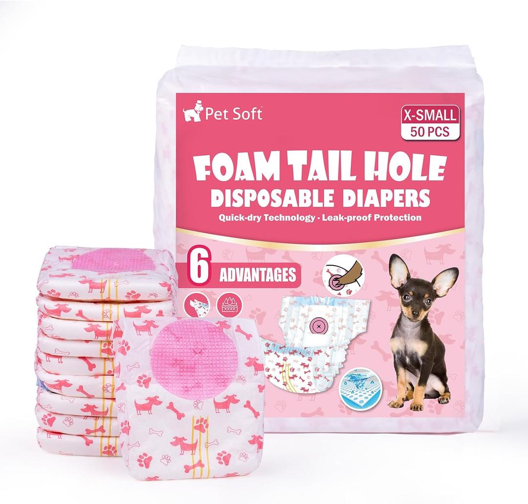 Pet Soft Disposable Dog Diapers - Female Dog Diapers with Adjustable Foam Tail Hole, Ultra Protection Puppy & Cat Diapers Wetness Indicator for Dogs in Heat or Incontinence,50pcs (XS,Red)
