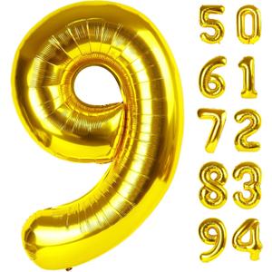 Gold 9 Balloon, Number Balloon 40 Inch, Gold Party Decorations, Giant Birthday Decorations for 9th 19th 29th 90th, Number 9 Balloon