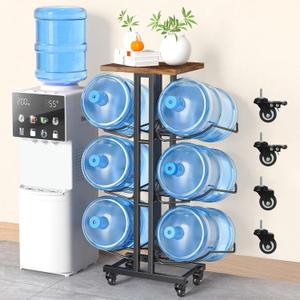 5 Gallon Water Jug Holder ,3 Tier Foldable Heavy Duty Water Jug Stand Water Bottle Holder Organizer With Lockable Casters Water Dispenser Stand Rack With Removable Wood Top Shelf for 6 Bottles, Black