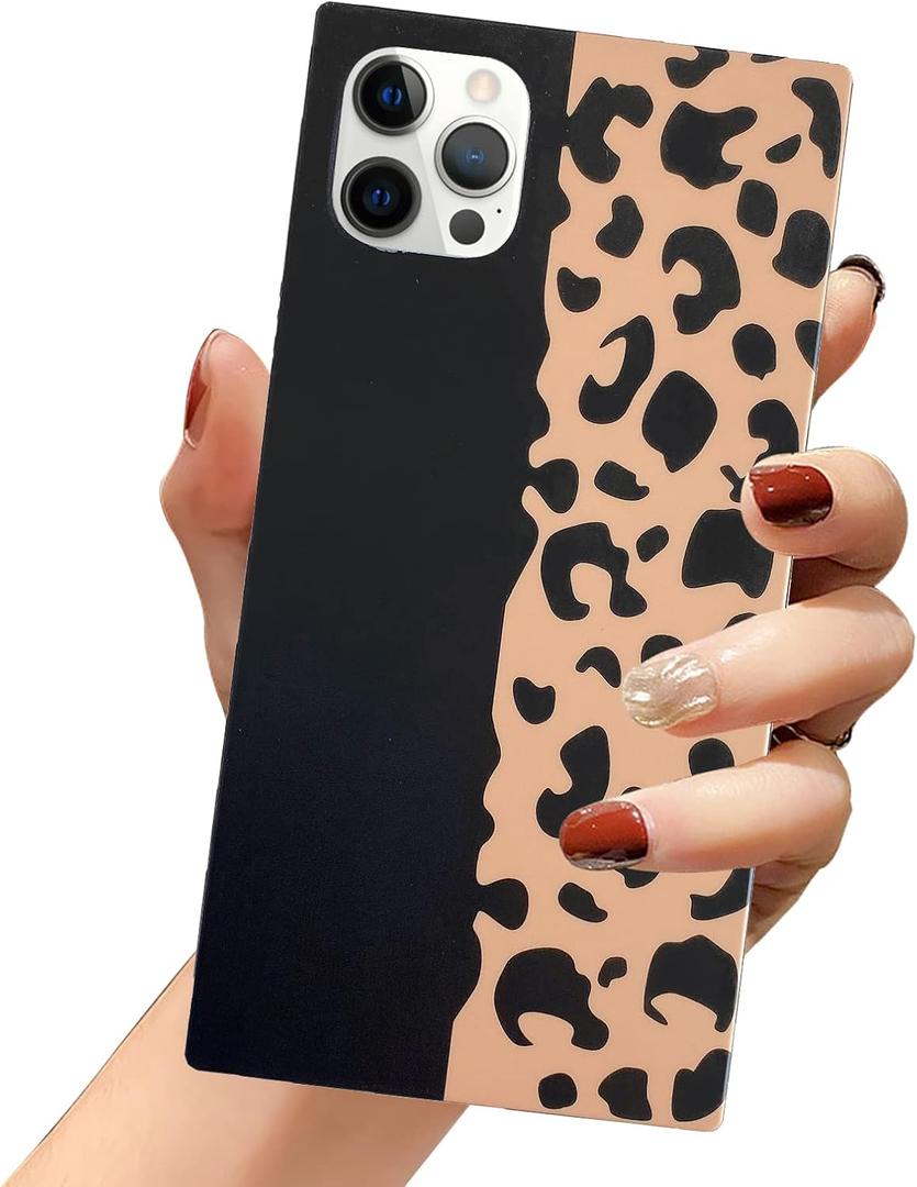 Omio Compatible with iPhone 14 Pro Max Rectangle Case for Women Girls Men Luxury Leopard Animal Print Design Slim Soft TPU Silicone Rubber Rectangle Edges Bumper Shockproof Cover Black