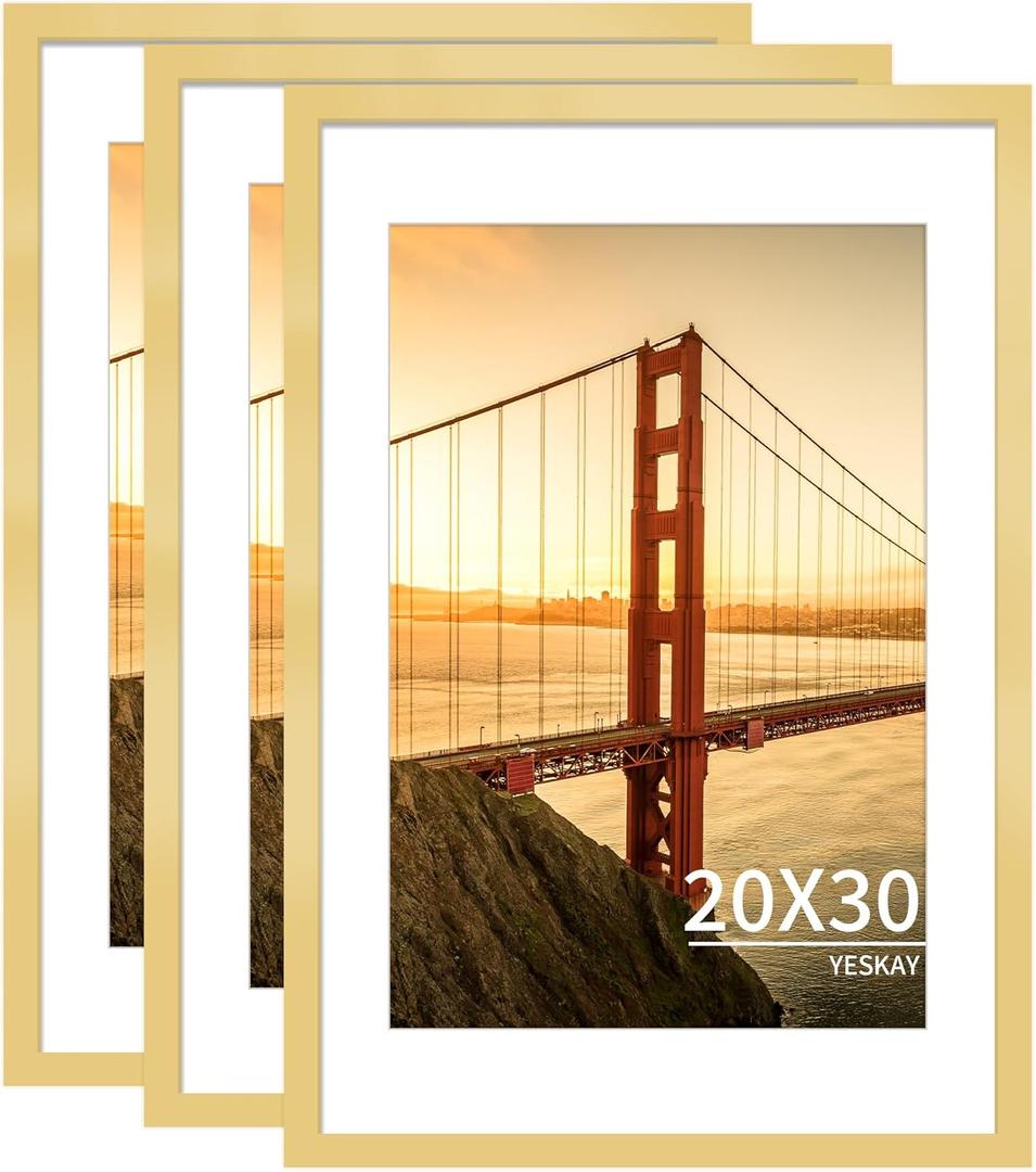 YESKAY 20x30 Picture Frame Gold Set of 3, Display Pictures 16x24 with Mat or 20 x 30 Without Mat, Poster Frames 20x30 for Wall Hanging Horizontal and Vertical