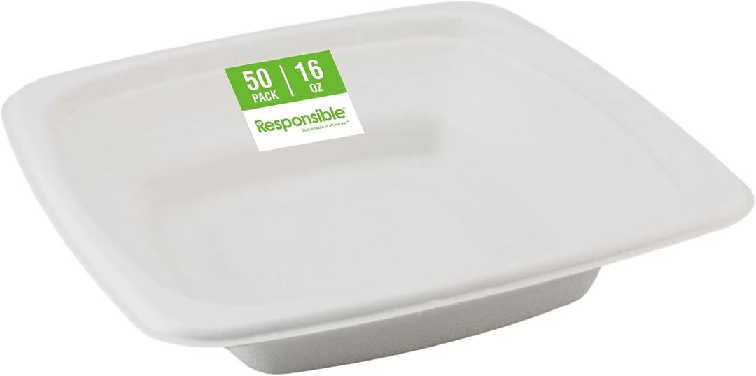 Responsible Products 100% Compostable Square Serving Bowls, 16 oz Disposable Paper Bowls, Microwave Safe, Freezer Safe, Soup Safe, No Plastic, Eco-Friendly, Tree-Free, No PFAS. White (50 Count)