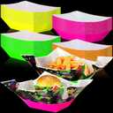 Lallisa 120 Pcs Neon Glow Party Supplies Serves 60 Neon Paper Food Trays Disposable Birthday Food Boat with Wax Paper Sheet Serving Tray for Buffet Glow in The Dark Movie Night Party Decoration