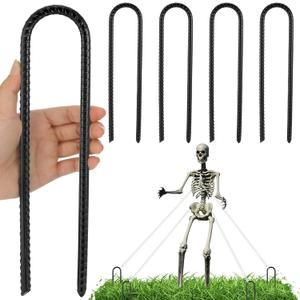 4 Pcs 12ft Skeleton Accessories 12 Inch Christmas Skeleton Ground Anchors U Hook Trampoline Stakes High Wind Heavy Duty Black Rebar Stakes for Lawn Garden Decor Camping Tent Steel Staples