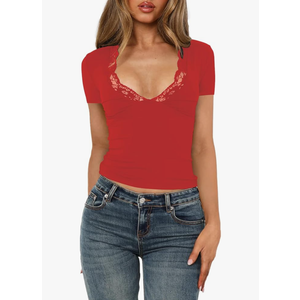 Women's Short Sleeve Sexy Lace V-Neck Summer Going Out 2025 Crop Tops Slim Fit Tees Trendy Y2k Clothing XS, Red
