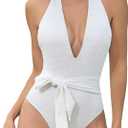 Cromi One Piece Swimsuits for Women Luxury Jacquard Halter Bathing Suit Plunge V Neck Backless Monokini  Large, White