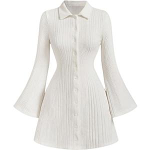 SOLY HUX Women's Button Down Rib Knitted Mini Dress Long Bell Sleeve Flowy Dresses Fall Clothes Plain White Medium
