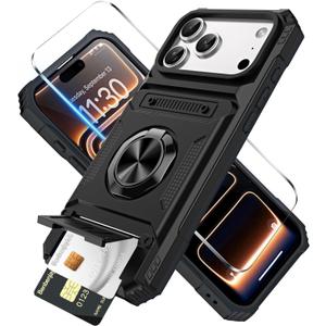 For iPhone 17 Pro Wallet Case with Card Holder + 1 Screen Protector, (2 Cards) & 360Ring Kickstand Military Grade Drop Shockproof Rugged Case for iPhone 17 Pro 6.3"(Black)