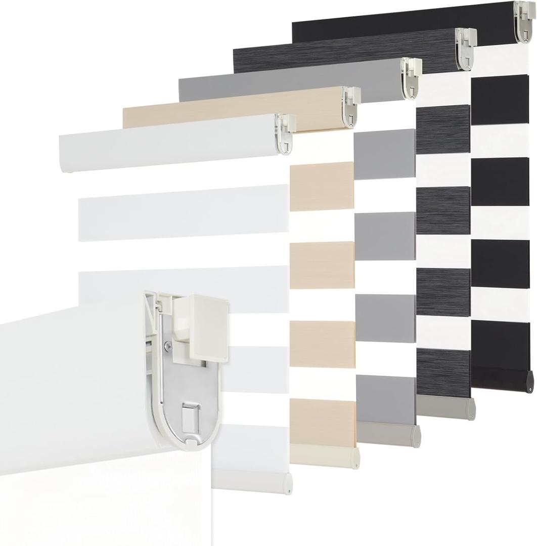 Persilux No Drill No Tool Custom Size Zebra Blind Dual Layer Privacy for Day and Night Window Blinds Light Filtering Cordless Windows Shades for Windows,Easy to Install Thermal Insulated Blinds,White