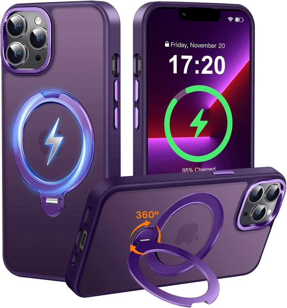 360 Spin Magnetic Stander for iPhone 13 pro Case [Compatible with Magnetic] [Built-in Kickstand] Mil-Grade Protective, Matte Non-Slip for iPhone 13 pro Phone Case(Purple)
