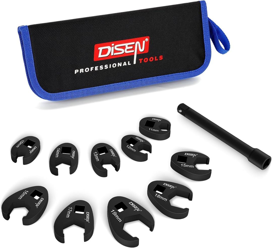 DISEN 11 PCS Crowfoot Wrench Set for 3/8" Drive with Extension Bar, Flare Nut Wrenches Set Metric Size 10-19mm, Professional Kit with Zipper Pouch, for Automotive, Plumbing, and Industrial Repair