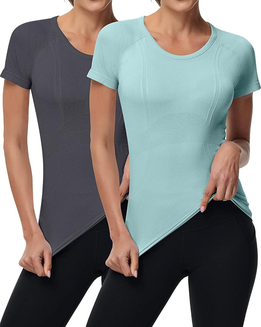 Syhood 2 Pieces Women Long Sleeve Workout Shirt Seamless Workout Shirts with Thumb Holes Fitted Top Sports Yoga Athletic Top(X-Large,Short Sleeve Mint, Dark Grey)