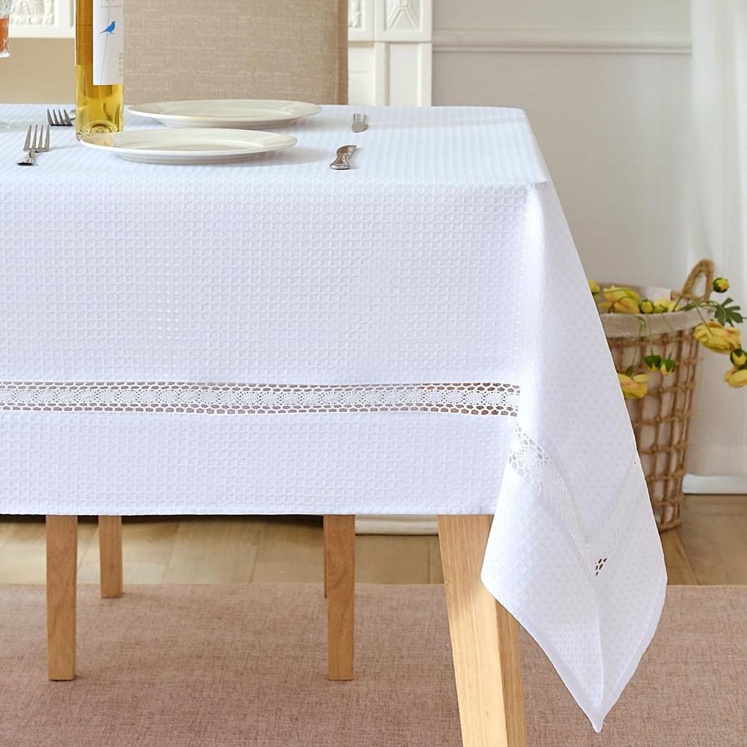 EHouseHome Heavy Duty Waffle Weave Jacquard Fabric Tablecloth with White Lace,Waterproof and Stain-Resistant Tablecloth for Dinning,Party,Holiday,Wedding,Rectangle,60x144Inch,White