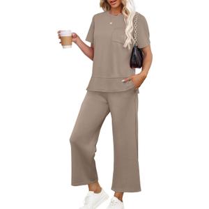 OFEEFAN Women's Lounge Sets Fashion Outfits Wide Leg Loungewear Side Slit Tracksuit for Vacation Travel Airport S-3XL (Brown)