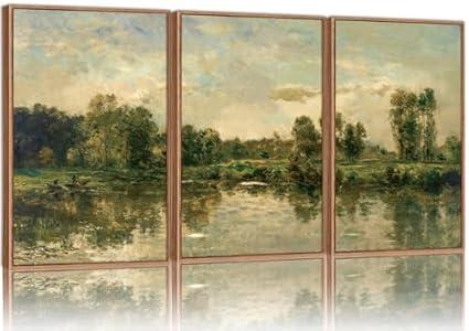 Tinonedraw Vintage Nature Framed Canvas Wall Art Set of 3, French Country Wall Decor, Olive Green Trees Art Paintings, Rustic Landscape Farmhouse Art Prints for Living Room Bedroom Office 24"x36"x3
